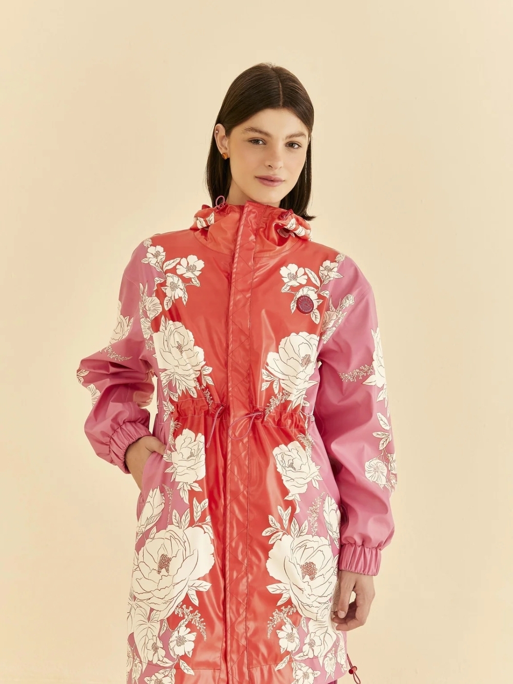 FARM Rio Pink & Coral Floral Drawstring Trench RAIN Coat Size Xl